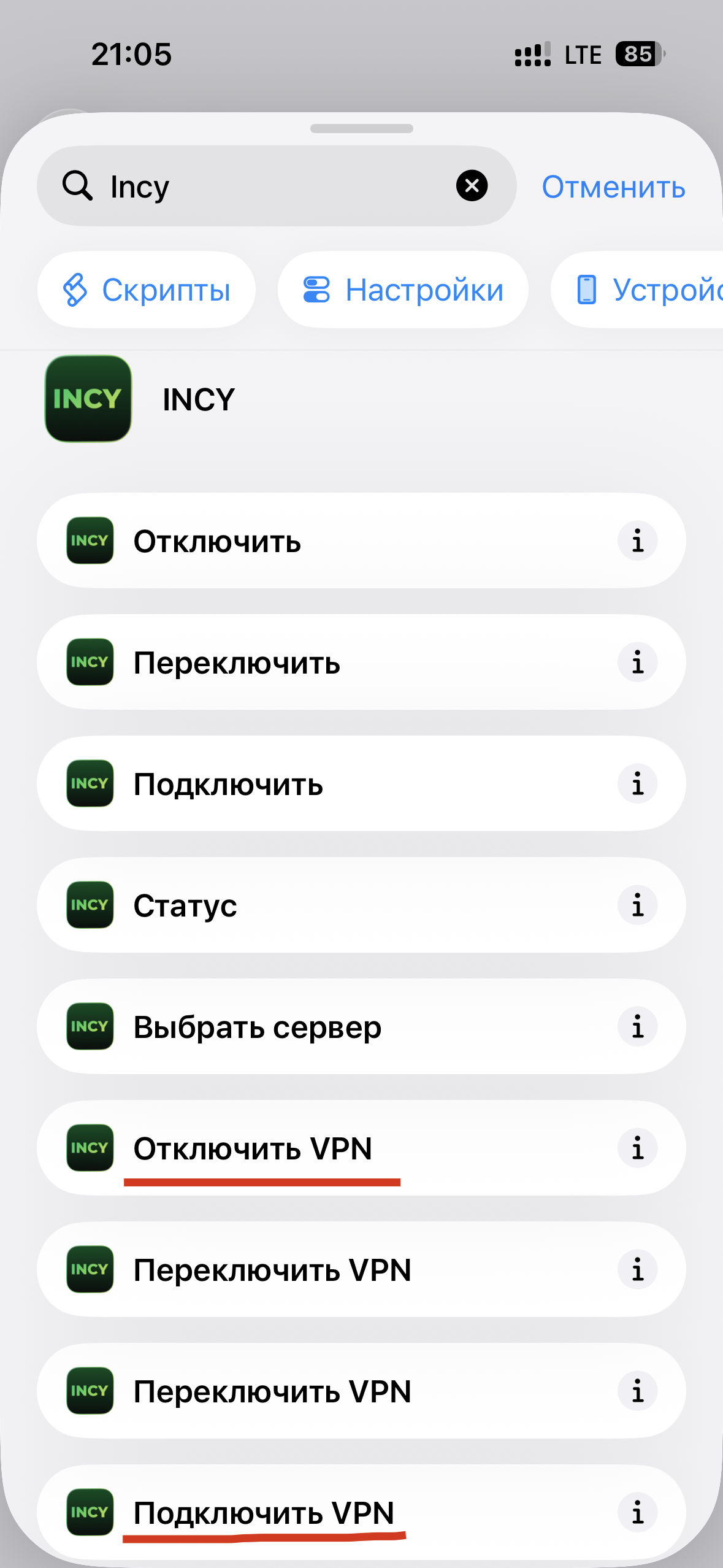 Выбор действия Incy Подключить VPN